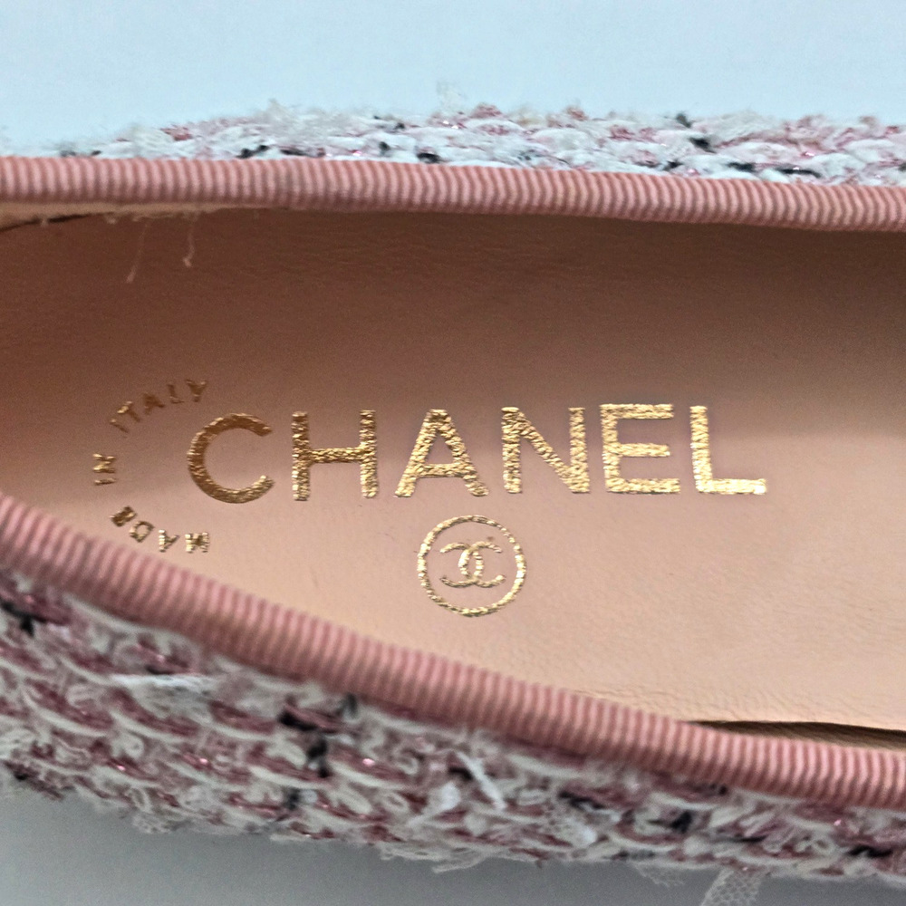 Chanel Pink Tweed Grosgrain Cap Toe Bow Ballet Flats Women’s US 9 EU 39C - Picture 5 of 9